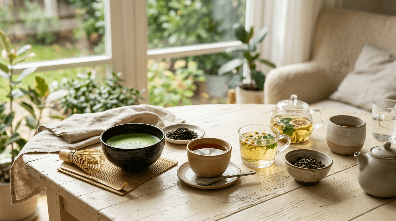 Variedad de tés premium PureTea: matcha, té verde, té negro e infusiones para tu bienestar